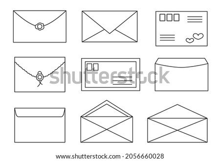 Envelope line outline contour with mail and post card set with post stamps, sealing wax. Letter opening and closing designs collection for website with element. Flat style. Vector illustration