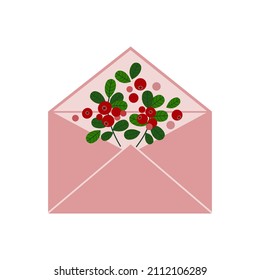 Envelope with lingonberries. Greeting card vector illustration.