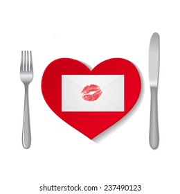 Envelope with lipstick kiss on red plate isolated on white background