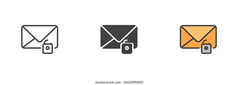 Envelope com ícone de cadeado definido em linha, estilo de contorno sólido e preenchido. Representa a mensagem segura, o e-mail criptografado ou o ícone de e-mail privado.