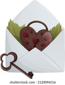 Envelope with lock and key in the shape of a heart and green leaves, declaration of love, invitation, gift for Valentine's day, wedding, holiday elements and stickers