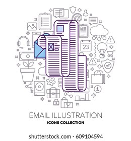 Envelope and long letter with illustrations or images. Flat style object on circle of icons.