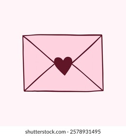 Envelope with Love Letter hand-drawn clipart for Valentine's day decoration. Pink envelope with red heart. Coquette element romantic designs. Vector doodle illustration