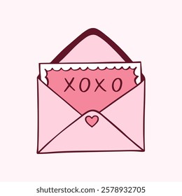 Envelope com carta de amor clipart desenhado à mão para a decoração do dia dos namorados. Envelope rosa com mensagem xoxo. Elemento de coquette desenhos românticos. Ilustração de rabisco vetorial