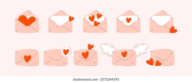 Envelope with love letter and hearts. Set of Valentine's Day mail post letters with declaration of love. Hand drawn vector illustration, flat style. Romantic elements for sticker, social media