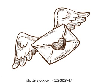 Envelope or love letter with heart-shaped seal and angel wings isolated sketch valentines day object correspondence and messaging holiday post or mail exchange greeting or congratulation postage.