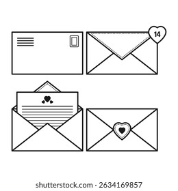 Envelope with Love Letter Outline Style. Envelope with Heart Seal. Romantic Envelope.