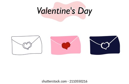 An envelope with a love letter for Valentine Day. In color, solid and linear versions. A symbol of love and a Valentine Day holiday. Vector illustration.