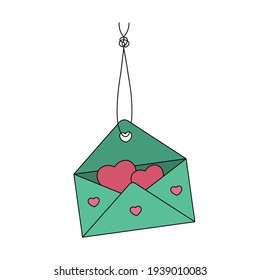 Un sobre con un mensaje de amor cuelga en un hilo con un nudo. Los corazones vuelan desde la carta. Ilustración vectorial coloreada. Día de San Valentín. Decoración colgante. La letra está colgada en una cuerda. 