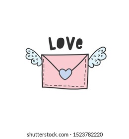 Envelope with a love message with wings. Valentine's Day. Color vector illustration in doodle style.
