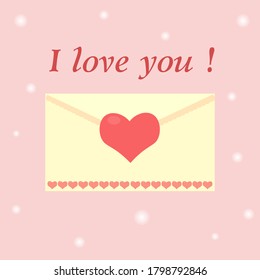 Envelope with love. Postcard with Love in yellow and pink. Happy Valentine's Day.