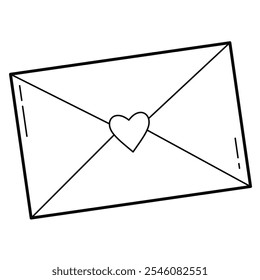Envelope. Love theme romance, February 14, Valentine's Day.  Outline illustration, isolated on white background, design element. 