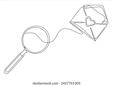 envelope, magnifying glass, isolated on background. Concept for reading email, message, sms, scanning, inspecting, checking, Continuous one line.