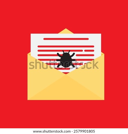 Envelope with mail and bug virus spam alert. Malware infected mail. Concept of spam, phishing, scam and hacker attack through email. Vector icon. Minimal cartoon style.