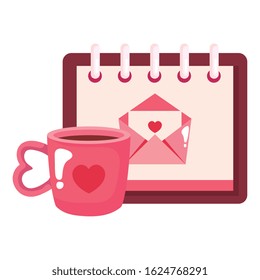 envelope mail in calendar with cup coffee vector illustration design