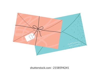 Sobre con concepto de correo. Cartas de artesanía coloridas con hilos, postales y etiquetas. Comunicación y correspondencia por correo. Dibujo vectorial plano de dibujos animados aislado en fondo blanco