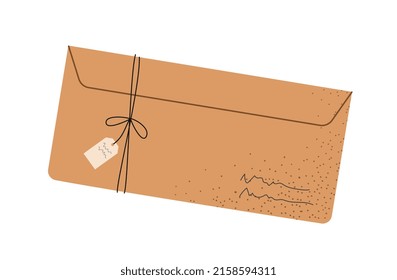 Envelope with mail concept. Craft rectangular postal envelope with letter, postcard and label on thin rope. Design for printing. Cartoon flat vector illustration isolated on white background