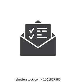 Envelope mail with contract document vector icon. filled flat sign for mobile concept and web design. Checklist letter glyph icon. Symbol, logo illustration. Vector graphics