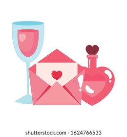 envelope mail and cup wine with fragrance vector illustration design