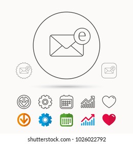 Envelope mail icon. Email message sign. Internet letter symbol. Calendar, Graph chart and Cogwheel signs. Download and Heart love linear web icons. Vector