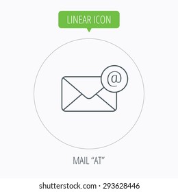 Envelope mail icon. Email message with AT sign. Internet letter symbol. Linear outline circle button. Vector