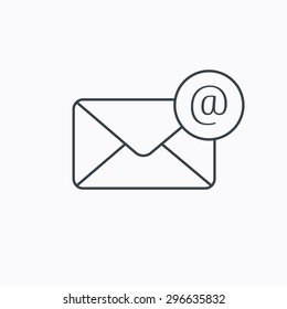 Envelope mail icon. Email message with AT sign. Internet letter symbol. Linear outline icon on white background. Vector