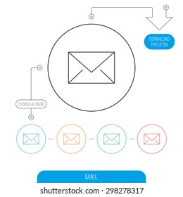 Envelope mail icon. Email message sign. Internet letter symbol. Line circle buttons. Download arrow symbol. Vector