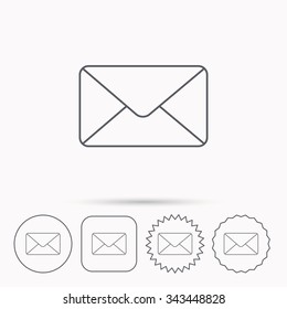Envelope mail icon. Email message sign. Internet letter symbol. Linear circle, square and star buttons with icons.