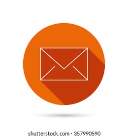 Envelope mail icon. Email message sign. Internet letter symbol. Round orange web button with shadow.