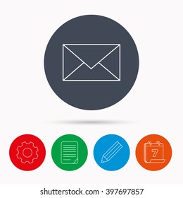 Envelope mail icon. Email message sign. Internet letter symbol. Calendar, cogwheel, document file and pencil icons.