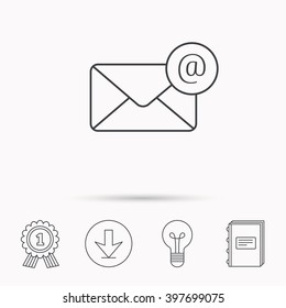 Envelope mail icon. Email message with AT sign. Internet letter symbol. Download arrow, lamp, learn book and award medal icons.