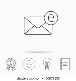 Envelope mail icon. Email message sign. Internet letter symbol. Download arrow, lamp, learn book and award medal icons.