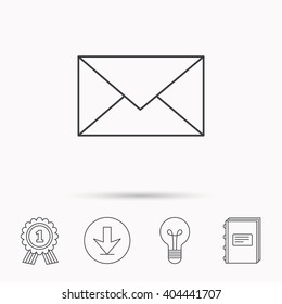 Envelope mail icon. Email message sign. Internet letter symbol. Download arrow, lamp, learn book and award medal icons.