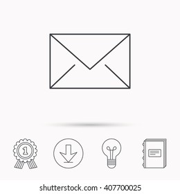 Envelope mail icon. Email message sign. Internet letter symbol. Download arrow, lamp, learn book and award medal icons.