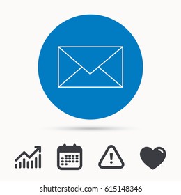 Envelope mail icon. Email message sign. Internet letter symbol. Calendar, attention sign and growth chart. Button with web icon. Vector