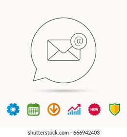 Envelope mail icon. Email message with AT sign. Internet letter symbol. Calendar, Graph chart and Cogwheel signs. Download and Shield web icons. Vector