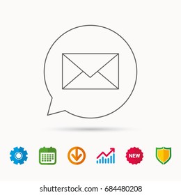 Envelope mail icon. Email message sign. Internet letter symbol. Calendar, Graph chart and Cogwheel signs. Download and Shield web icons. Vector
