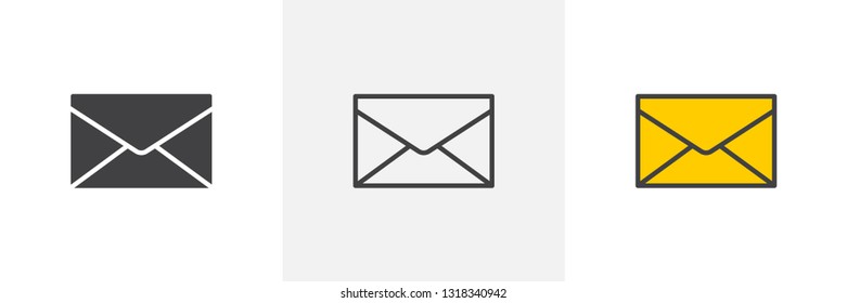 Envelope mail icon. Line, glyph and filled outline colorful version, post envelope outline and filled vector sign. Message, mail symbol, logo illustration. Different style icons set. Pixel perfect 