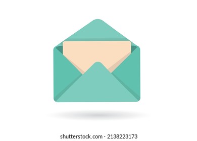 Envelope mail icon in mint green color icon, isolated on white background. Mail,envelope,message flat icon. Long shadow. Vector illustration EPS10. Mailbox e-mail business concept.