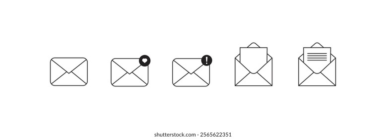 Envelope mail icon set. newsletter web buttons. close email letter outline vector symbol. flat thin e-mail pictogram on white background. send mail message line sign. Communication, Messaging, Social