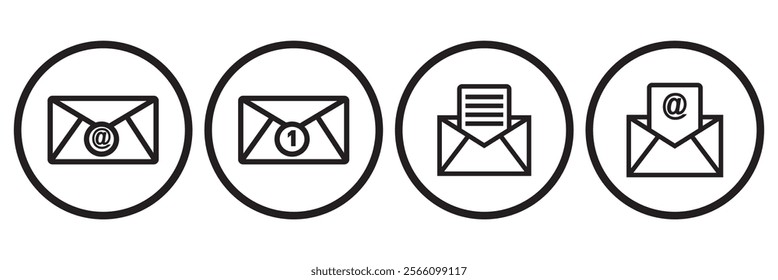 Envelope mail icon set. newsletter web buttons. close email letter outline vector symbol. flat thin e-mail pictogram on white background. send mail message line sign. Communication, Messaging, Social