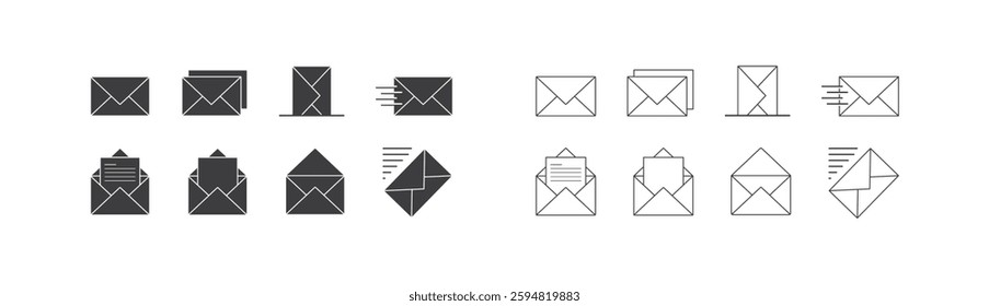 Envelope mail icon set. newsletter web buttons. close email letter outline vector symbol. flat thin e-mail pictogram on white background. send mail message line sign. Communication, Messaging, Social