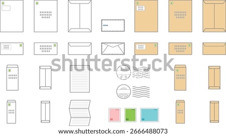 Envelope and mail icon set:airmail envelope, window envelope, large envelope, front and back sides