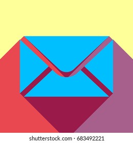 Envelope Mail Icon. Vector. Deep sky blue icon with two flat violet and raspberry semitransparent shadows on canary background.