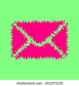 Envelope Mail Icon. Vector. Magenta rough icon on greenish background. Isolated.