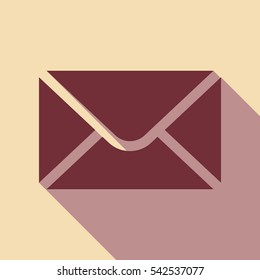 Envelope Mail Icon. Wine color icon with rosy brown flat style shadow path on wheat background.