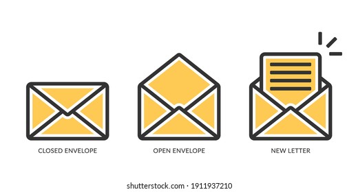 Iconos de sobres o correo, sobres abiertos y cerrados, icono de letra nueva, ilustración de eps10 vectoriales