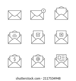 Envelope mail line icon set. Closed envelope, open with a letter, with a check mark and notification. Outline vector isolated symbol.