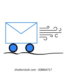 The envelope with the mail on wheels