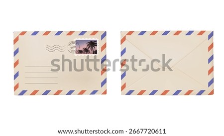 Envelope mail on white background. Envelope with stamps, Sending written letter or correspondence through postal service. 3D render vector illustration